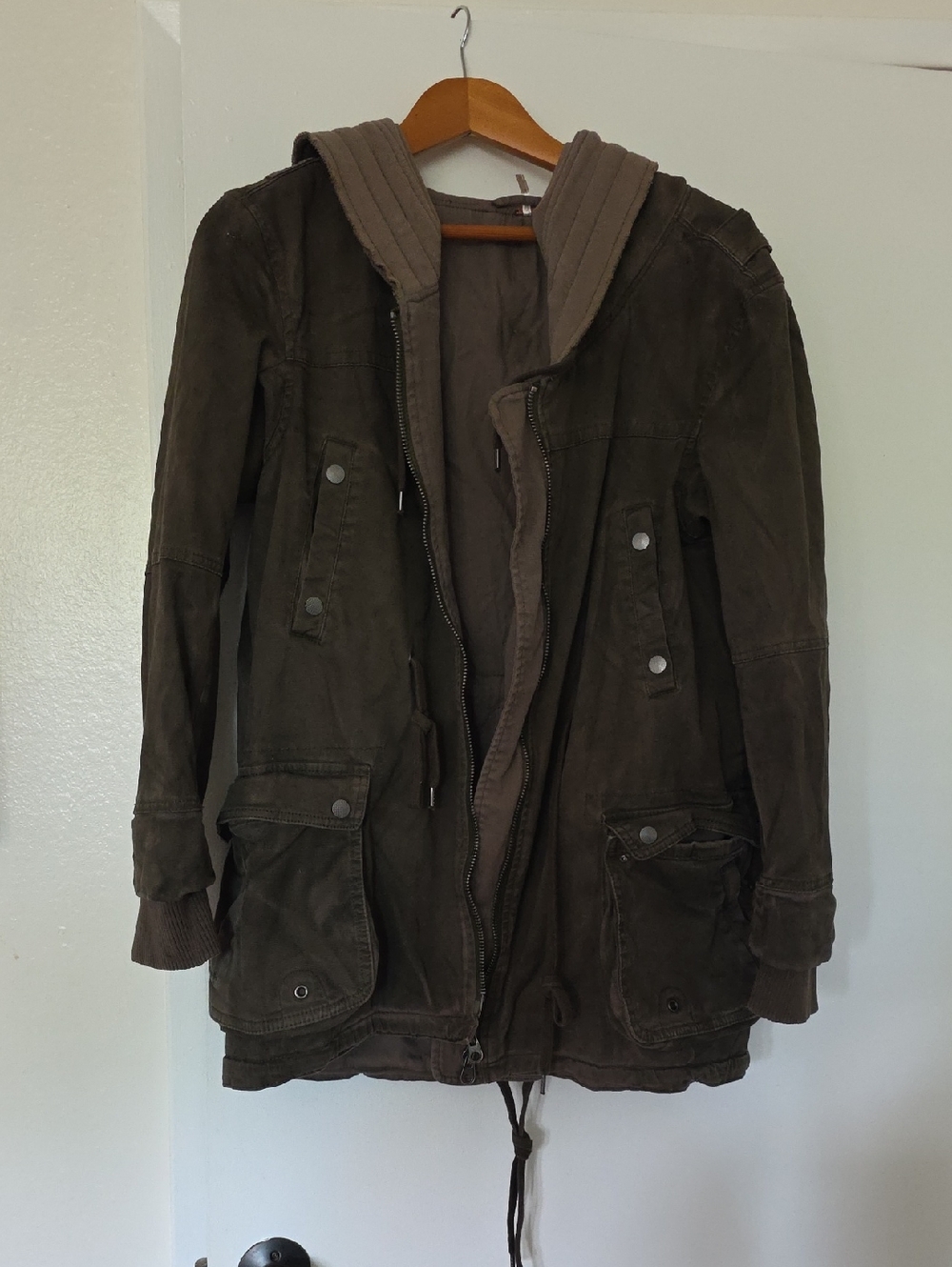 Womens Free People Hooded Utility Jacket in Olive Brown